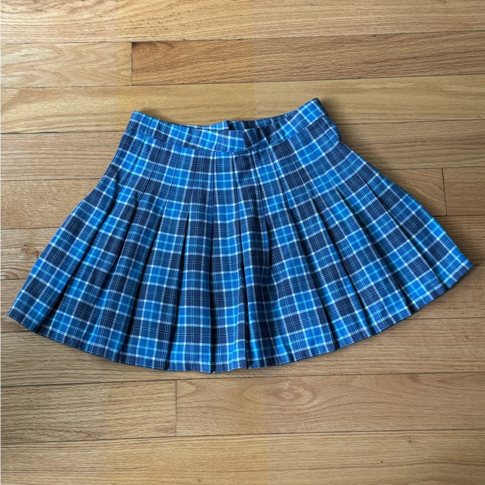 80s blue and navy tartan pleated skirt